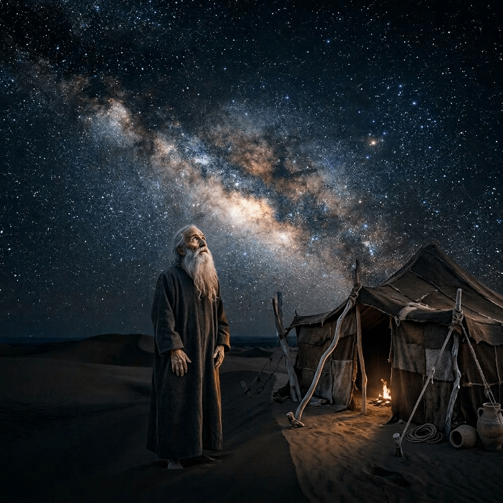 Person in hooded robe looking at the Milky Way over sand dunes at night