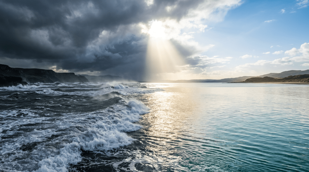 Ocean waves transitioning from stormy and rough on one side to calm and sunny on the other